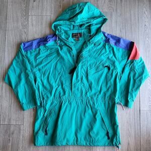 Vtg Eddie Bauer Women's XL Teal Colorblock Rain Jacket Pullover Waist-Cinch